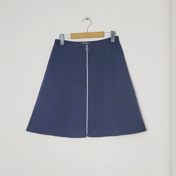 Betty Barclay Navy Blue Cotton Blend Front Zip A-Line Mini Length Skirt Size 4 - Picture 1 of 10